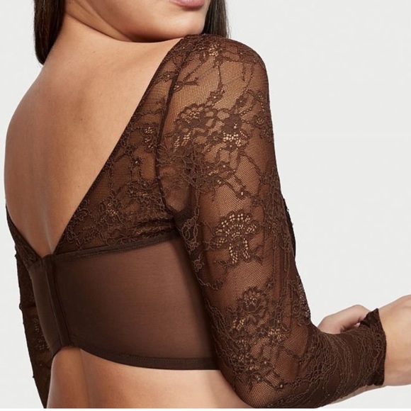 Victoria’s Secret Dream Angels Shimmer Long Sleeve Corset Top Brown Lace Medium - Picture 6 of 7